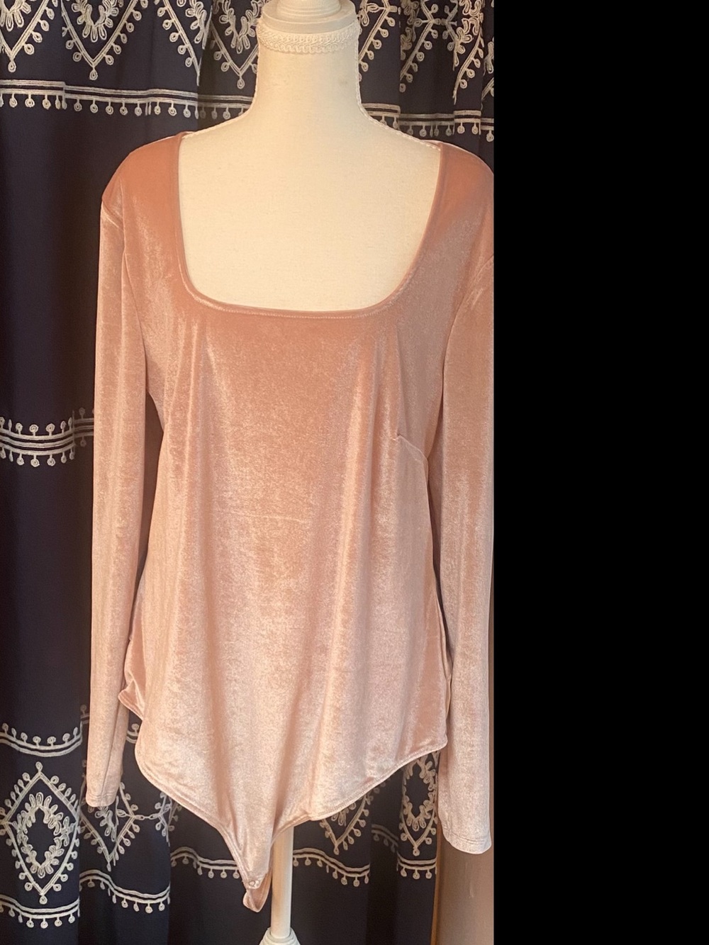 Long-Sleeve Velvet Square-Neck Bodysuit in Blush